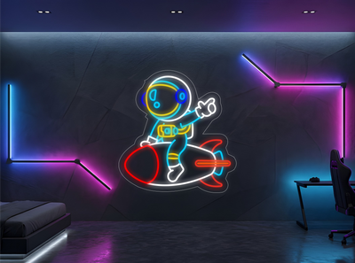 Astronaute sur fusée - Éclairage néon